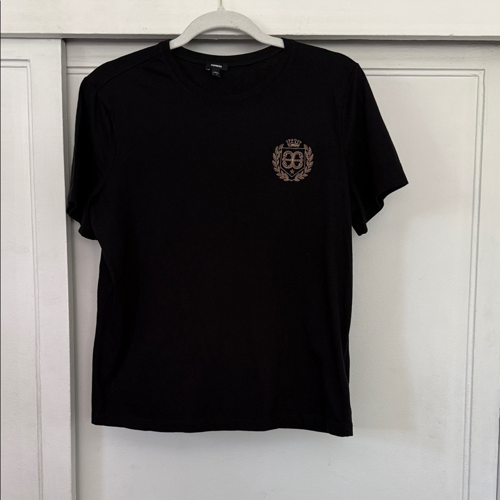 Express women’s Black Short-Sleeve Crew Tee with Subtle Chest Crest
